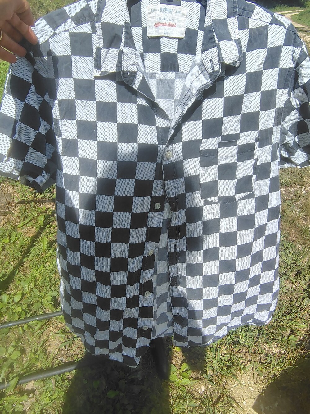 Kids Checkerboard Short Sleeve Button-Up Shirt - Black & White Large